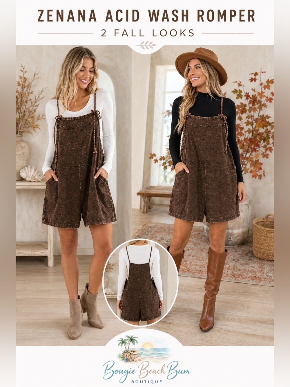 Zenana Outfitters Brown Acid Wash Romper Jumpsuit